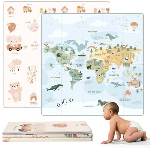 HuBorns - Alfombra Bebe Acolchada Plegable y Reversible con Borde Reforzado, Alfombra Infantil 200x180cm, Tapete Bebe Actividades y Juego, Colchoneta Bebe Suelo Anticaídas, Alfombra Gateo Bebe