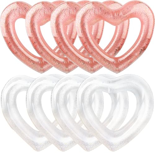 Lot de 4 flotteurs gonflables en forme de cœur de 120 cm pour adultes, l'été, la plage, la piscine, les enterrements de vie de jeune fille (blanc transparent et or rose)