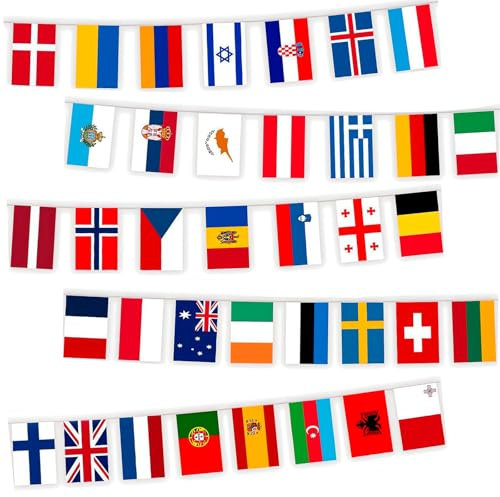 12m Eurovision 2025 Flag Bunting - 37 National Double-Sided European Song Contest Flags - Colorful Fabric Banner for Party,Bar,Club & Outdoor Decor,World Flags Bunting for Around the World Decorations