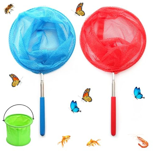 2 Stück Kescher Kinder, Teleskop Schmetterlingsnetz mit 1 Faltbarer Eimer, Teichnetz, Strand, Fangnetz, Insekten Netz, Outdoor Ideal zum Fangen von Insekten Bugs Fische Angeln Teich Pool Garten