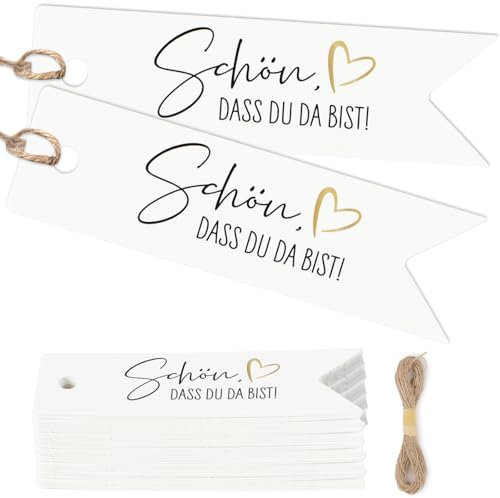 MEJOSER 50 Stück Schön dass Du Da Bist Anhänger Hochzeit Geschenkanhänger Geburtstag Weihnachten JGA Taufe Gastgeschenke Etiketten Tags Label mit Schnur Herz