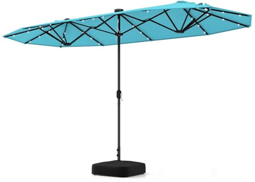 COSTWAY Grand Parasol de Jardin Exterieur avec Pied, 400 x 200 cm, Parasol Double XXL avec LED Solaire et Manivelle, 8 Personnes, Toile en Polyester, pour Terrasse, Patio, Piscine (Turquoise)