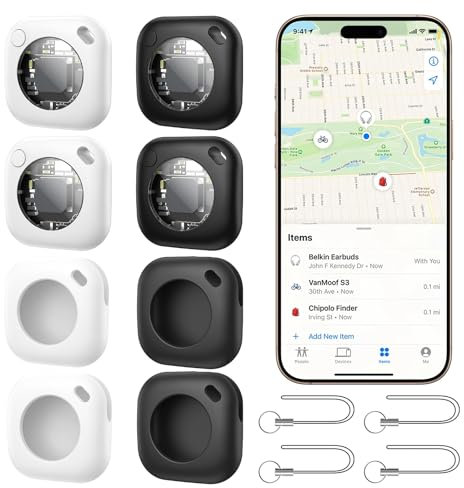 Lot de 4 Air Tag Bluetooth Traceur, Traceur GPS Intelligente Fonctionne avec l’app Localiser Apple(iOS Uniquement), étanche, Batterie Remplaçable, Localisateur pour Sacs, Clés, Bagages et Animaux.