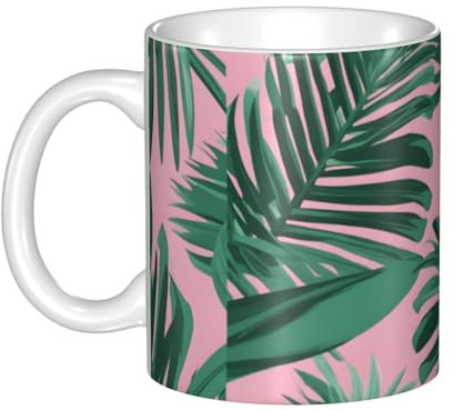 Gpkgsigt green palm tree leaves pink Printing mug ceramic Mugs for cappuccino, latte, cereal, yogurt, milk, hot or cold drinks Micro-wave oven