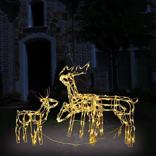 ACAGALA 229 LED Rentier mit Schlitten 3-TLG. Weihnachtsfigur Weihnachtsbeleuchtung Warmweiß für Außen und Innen, 8 Lichtprogrammen, Weihnachtsdekoration für Haus, Hof, Garten, Veranda