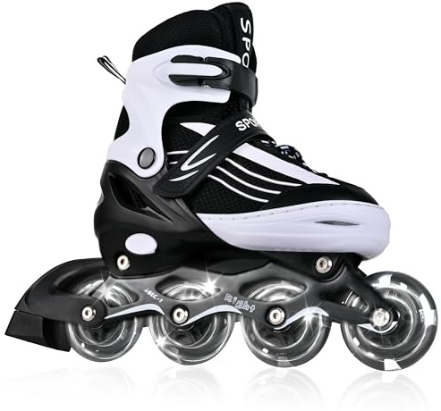 MGYZM Inliner für Kinder, größenverstellbare Inline Skates für Kinder, Erwachsene Mädchen und Jungen Inline Skates, Rollschuhe für Drinnen und Draußen, Schwarz und Weiß (Large)