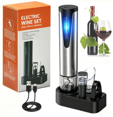 Tire Bouchon Électrique Ouvre-bouteille électrique rechargeable 5 en 1 avec station de charge, coupe-capsules, bec verseur et bouchon à vin sous vide