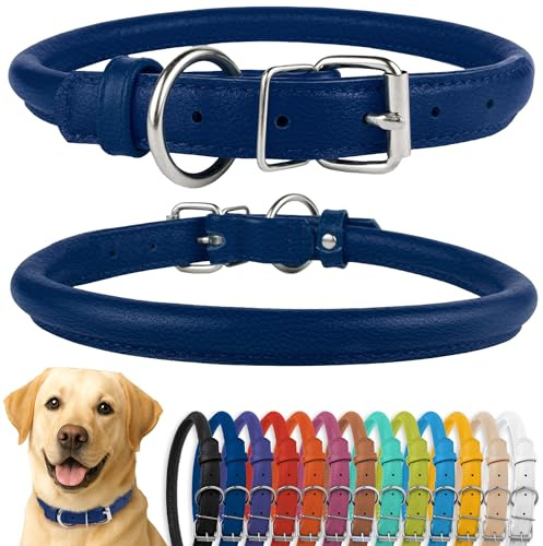 CollarDirect Rolled Leather Dog Collar, Soft Padded Round Puppy Collar, Handmade Genuine Leather Collar Dog Small Large Cat Collars Black Pink Red Purple Blue (Fits 16-20 Neck, Dark Blue)