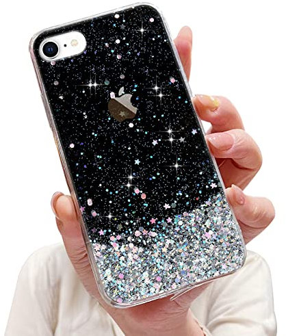 LCHULLE Glitzer Hülle Kompatibel mit iPhone SE 2022 Handyhülle,iPhone 7/8/SE 2020(4.7 Zoll) Hülle Mädchen Schuzhülle Glitzer klar Handyhülle Silikon Case Cover für iPhone 7/8/SE2020/SE2022 Schwarz