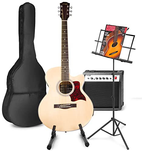 MAX Guitarra Electroacústica Color Madera – Set Completo con Amplificador 40W, Soporte, Funda, Atril, Afinador, Cable, Púas, Correa y Cuerdas – Para Niños desde 8 Años y Adultos