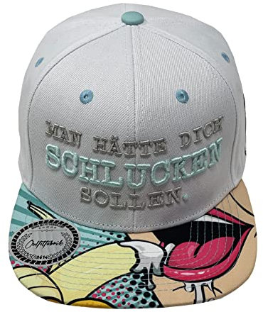 Outfitfabrik Snapback Cap Man hätte Dich Schlucken sollen in weiß/Mint mit Banana-Schirm und 3D-Stick (Provokation, Statement) für Herren und Damen, One Size, verstellbar
