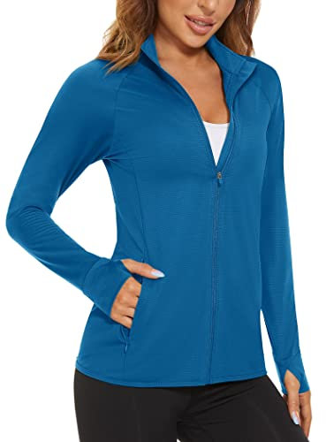 MAGCOMSEN Women's Long Sleeve Zip Shirts Outdoor UPF 50+ UV Sun Protection Quick Dry Tops Running Sports Casual T Shirts Blue Green