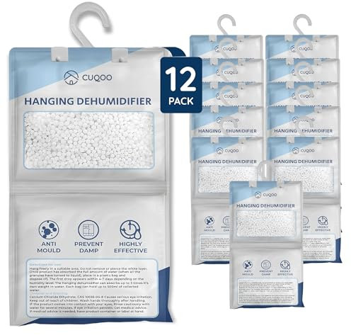 CUQOO Super Absorbent Fragranced Wardrobe Dehumidifier Hanging Bags Pack of 12 – Moisture Absorber to Stop Damp, Mould, Mildew & Condensation | Premium Damp Absorber Ideal for Wardrobe, Home, Caravan