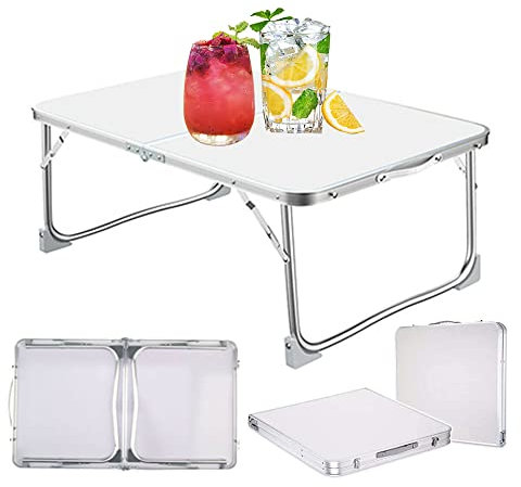 Klappbarer Campingtisch, klein und leicht, Mini-Esstisch, Bett-Tablett, Laptoptisch, faltbarer tragbarer Gartentisch mit Tragegriff für Outdoor Indoor Party BBQ Picknick Angeln – 60 x 40 x 26 cm, Weiß