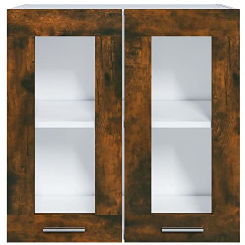 Gecheer Hängeschrank Glas Küche Schrank mit 2 Fächern und 2 Glastüren Küchenzeile Küchenmöbel Küchenschrank Küchenunterschrank Holzwerkstoff Räuchereiche 60x31x60 cm