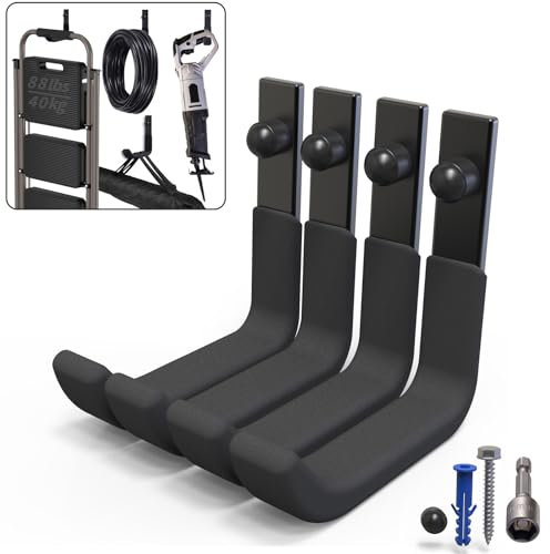 SunVFaFa 4 Stück Schwerlast Wandhaken Garage, Robuste J Garagenhaken, Haken zum Aufhängen, Stahl-Wandhalterung Werkstatt Organizer für Aufbewahrung von Leitern, Werkzeugen, Gartengeräten (10cm, 40kg)