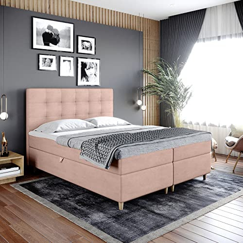 Boxspringbett Dante - Doppelbett, Bett mit Bonellmatratze und Topper, 2 Bettkästen für Bettwäsche, Polsterbett, Modern, Elegant, Schlafzimmer, Schlafzimmermöbel, Schlafzimmerbett (160x200, Rosa)