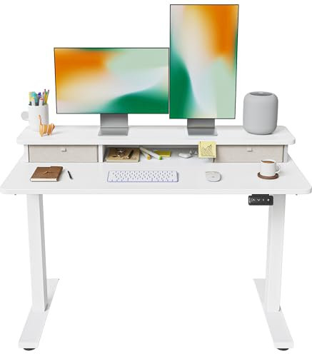 FEZIBO Höhenverstellbarer Elektrischer Stehtisch mit Doppelschublade, 120 x 60 cm Stehtisch mit Ablage, Sitz-Steh-Schreibtisch mit Verbindungsplatte, Weißer Rahmen/Weiße Oberfläche