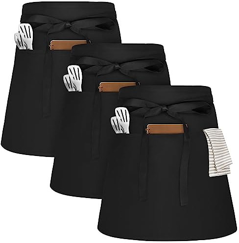 Riqiaqia 3 Stück Schürze mit 3 Taschen Kellnerschürze, wasserdichte halbe Schürze für Männer und Frauen, Küchenschürze, Restaurantschürze, Grillschürze, 70 * 45cm(Schwarz)