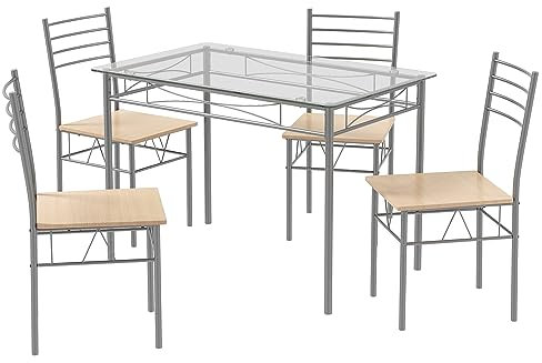 HOMASIS Esszimmer-Set mit Tisch und 4 Stühlen, Küchentisch und Stühlen aus Holz, Glastisch, Beine aus Metall, Esstisch mit Stühlen, platzsparend und robust für Wohnzimmer, Bar, Hellbraun