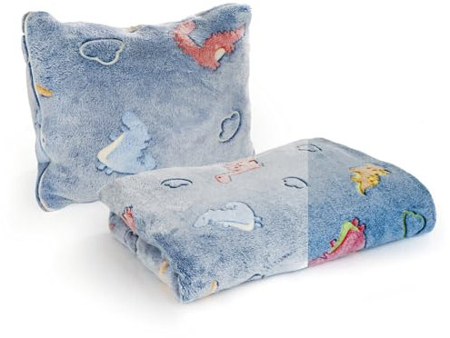 MAXXMEE 2-in-1 Kuschelkissen | Doppelter Kuschelspaß als Decke & Kissen mit leuchtenden Dinos | Unsichtbarer Reißverschluss | Inkl. Aufbewahrungstasche