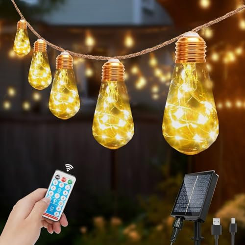 Redefun Solar Lichterkette Aussen mit 20 Glühbirnen, 8.7M/8 Modi Lichterkette Außen Solar mit Fernbedienung Timer, Wasserdicht IP65 Solar Lichterkette Wetterfest für Garten, Balkon, Party(Warmweiß)
