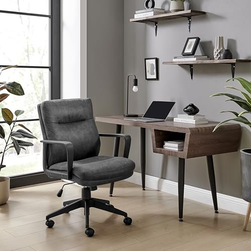 Furniturebox Office Chair - 'Rosco' Luxury Black Faux Leather & Black Leg Office Chair - Stylish Comfortable Desk Chair for Bedroom, Study, Gaming, Work - Height & Recline Adjustable