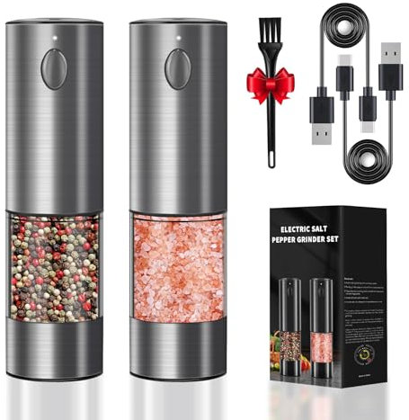 Haomacro Electric Salt and Pepper Grinder Set,USB Rechargeable Pepper Mill Salt Grinder,Electric Pepper Grinder with Adjustable Coarseness,Refillable Salt and Pepper Shakers 2 Pack