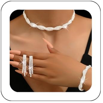 Zoestar Brautschmuck-Set mit Strass-Halskette, 4 Stück, glitzernde Kristalle, formelles Kostümschmuck-Set für Damen (Silber)