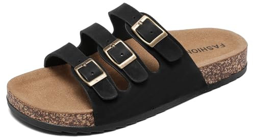 Pantoletten Damen Herren, Sandalen Schlappen mit Kork Fußbett und Verstellbarer Schnalle, rutschfeste Zehentrenner für den Sommer