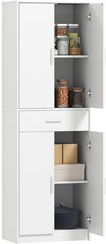 HOMCOM Küchenschrank Hochschrank mit Verstellbaren Einlegeböden, 4 Türen Buffetschrank mit Schublade, Vorratsschrank mit Skandinavischem Design, Weiß