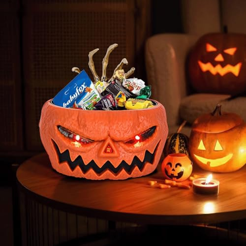 Yallmie Halloween Candy Bowl, Pumpkin Candy Dish with Moving Skeleton Hand Trick or Treat Bowl, LED Light Up Tricky Snacks Sweets Holder for Table Party Decoration Indoor
