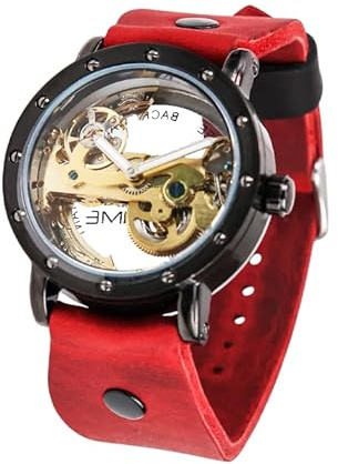 YOURTIME Skelett Mechanische Uhr für Damen und Herren - Automatisches transparentes schwarzes Zifferblatt, braunes handgefertigtes Echtlederarmband, Vintage-Steampunk-Stil