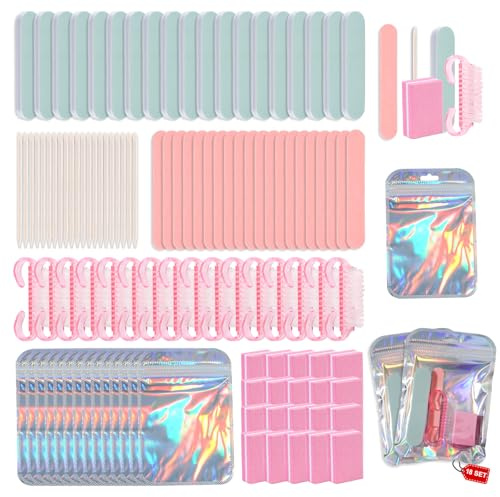 Kit di manicure usa e getta professionale, 18 pezzi, set di strumenti per unghie con lima per unghie, lucidatore per unghie, blocco di lucidatura per unghie, pennello per manicure, bastoncino in legno