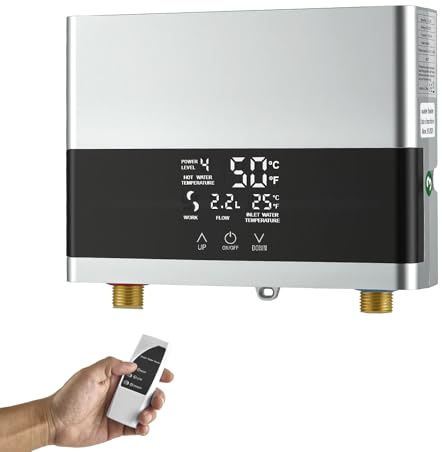 6000W Durchlauferhitzer 230V mit Fernbedienung & LED-Display | Mini Elektrischer Warmwasserbereiter für Dusche und Küche | Inkl. Duschkopf, IPX4 Schutz für Bad & Garten (Silber)