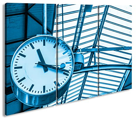 deyoli große Uhr am Bahnhof Format 120x80 3Teilig Effekt: Monocrome Blau als Leinwandbild, Motiv fertig gerahmt auf Echtholzrahmen, Hochwertiger Digitaldruck mit Rahmen