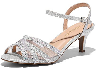 DREAM PAIRS Womens Wedding Prom Bridal Shoes Ladies Ankle Strap Peep Toe Low Kitten Heels Sandals Party Occassion Dress Shoe,Silver Size 7 UK, NINA-166