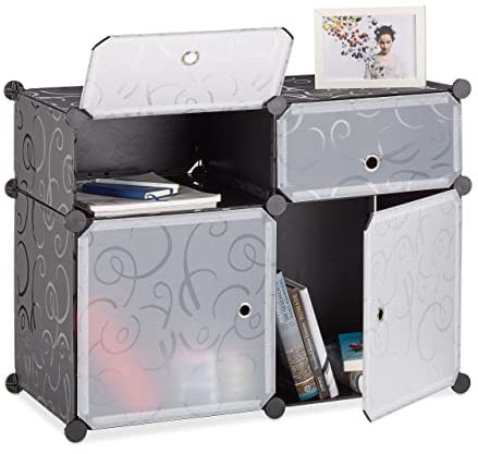 Relaxdays Regalsystem 4 Fächer, Standregal Kunststoff, Steckregal mit Türen, Badregal, HxBxT: 56 x 75 x 37 cm, schwarz