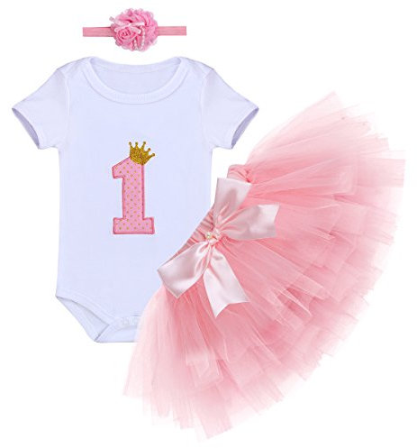 FYMNSI Ragazza Neonata 1 ° Primo Compleanno Abiti Manica Corta Pagliaccetto + Tutu Gonna + Bowknot Fascia 3 Pezzi Bambina Principessa Vestito da Partito Fotografia Costume Abbigliamento Rosa