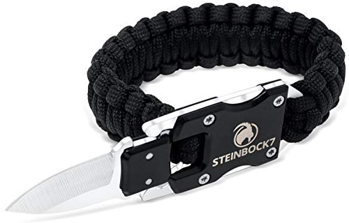 Steinbock7 Paracord Armband Herren mit Mini Messer, 3 m Fallschirmschnur, Survival Gear für Camping, Bushcraft und Wandern, schwarz