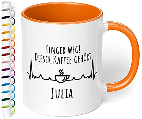 Personalisierte Tasse Finger weg Dieser Kaffee gehört Wunschname personalisierte Kaffeetasse- spülmaschinenfest - tolle Geschenkidee zu Weihnachten, Geburtstag, innen orange