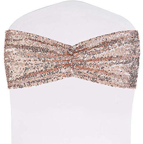 SquarePie Pack of 50 Sequin Chair Sashes Glitter Chair Bows Bands for Wedding Banquet Party Chair Cover Decor Ties, Rose Gold