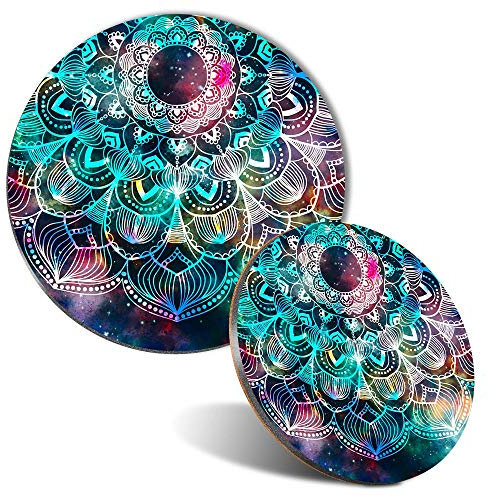 Mouse Mat & Coaster Set - Blue Teal Abstract Mandala 20 cm & 9 cm for Computer & Laptop, Office, Non-slip Base #2711