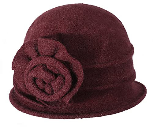 ZLYC Damen Winter Wolle Fischerhüte Blumen 1920s Vintage Bowler Hut (Blumen Burgund),Gr.Einheitsgröße