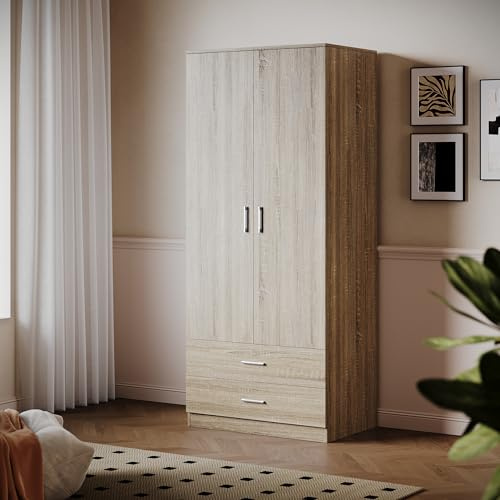 ELEGANT 2 Door Wardrobes with Clothes Hanging Rail and 2 Drawers, Oak | Large Storage Unit Cabinet for Modern Bedroom Furniture, 50D x 77W x 180H cm