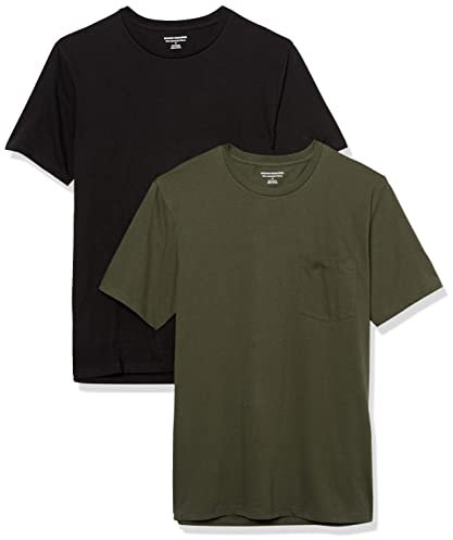 Amazon Essentials Men's Short-Sleeve Crewneck Pocket T-Shirts, Pack of 2, Black/Olive, XL