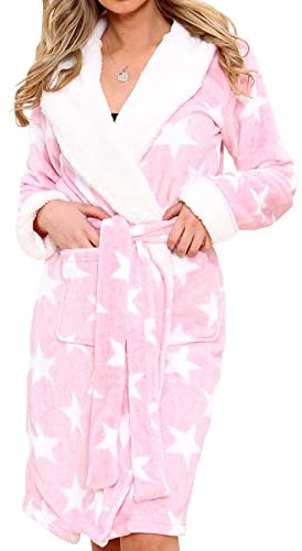 A2Z Womens Fleece Luxury Sherpa Hooded Dressing Gown Star Bathrobe Super Soft Robe Gift for Ladies Size 8 to 29