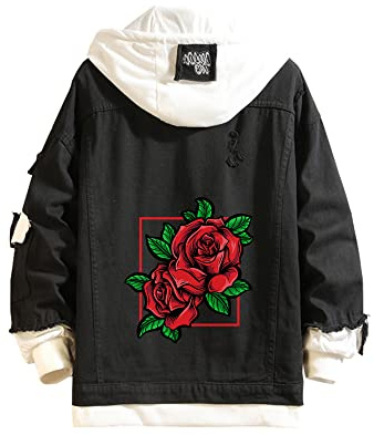 Lpstop Schädelrose Denim-Hoodie Jacke mit Totenkopf-Print Rose Kapuzenpullover Jeansjacke für Damen Herren