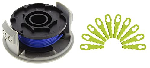 Ryobi Fadenspule RAC124 (für alle Ryobi 18 V ONE+ Akku und Hybrid-Rasentrimmer; 1,6mm) 5132002433, Grau, Schwarz, Blau & Ersatzmesser für Rasentrimmer, 10 er Set