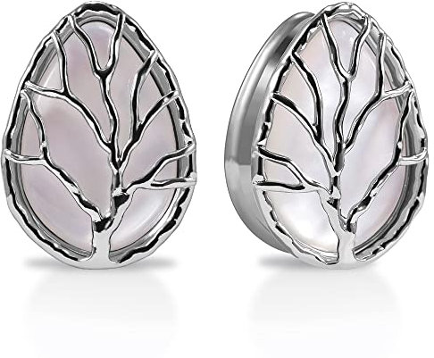 KOOBODY 2PCS Orecchini a goccia e conchiglia di perla Albero della vita doppio svasato Eleganti orecchini da donna in acciaio inox con calibro 0g-1